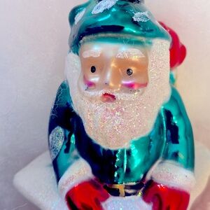 Vintage Christmas Ornament Santa in a Snowy Brick Chimney Glass Handblown Gift